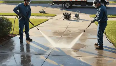 Boulder, CO crew pressure cleaning concrete driveway and patio for Boulder Paint Pros